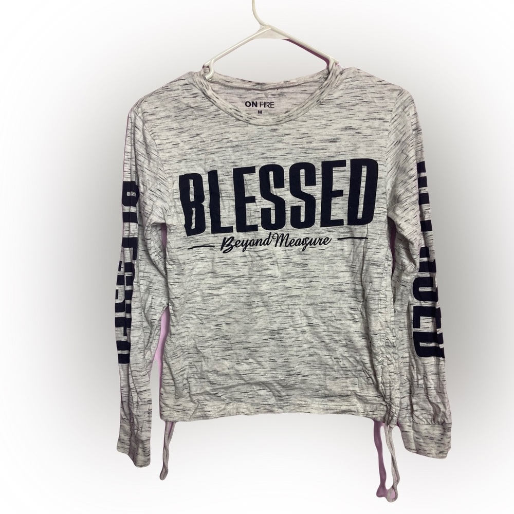 Blessed Beyond Measure Long Sleeve Top Gray & Black Size Medium with drawstring